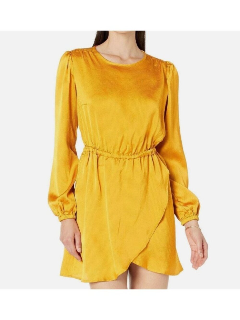 New Michael Kors Satin Long Sleeve Flounce Dress Women's Size large Gold Yellow